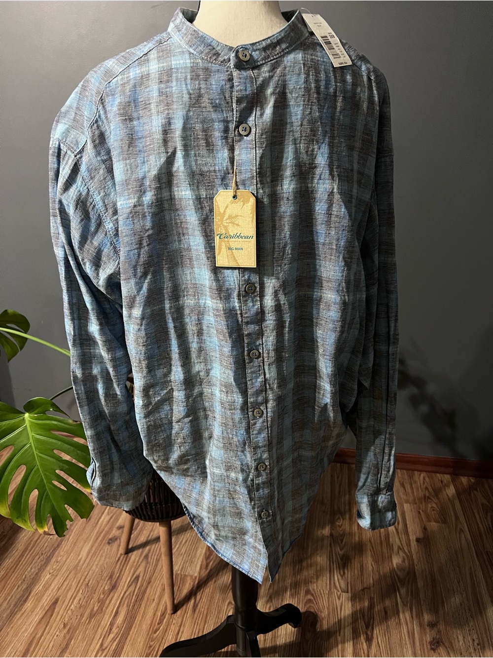 Caribbean Blue and Gray Plaid Mandarin-Collar Button-Down Shirt